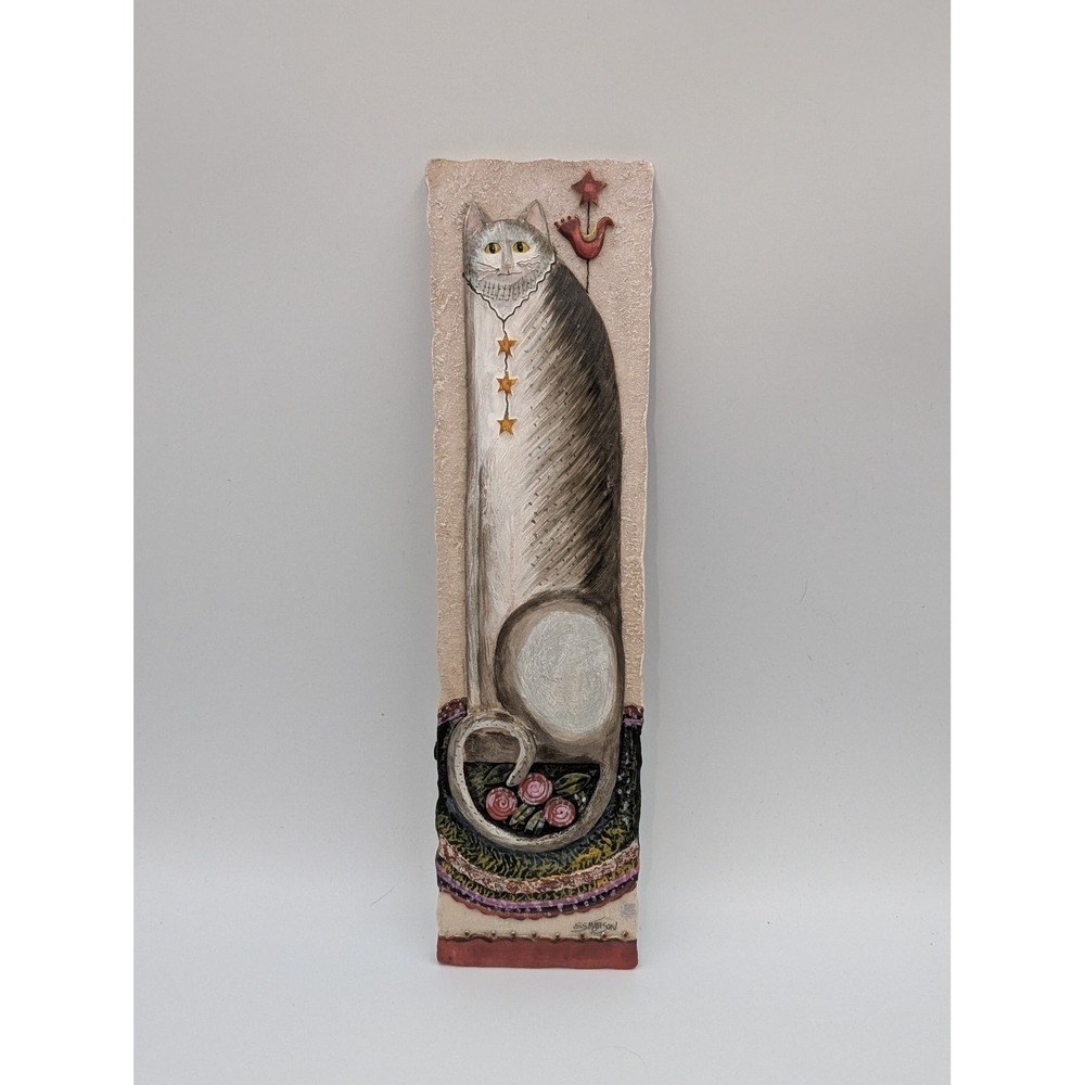 E.S. Munson Cat Wall Plaque Gray White Resin Folk Art Whimsical